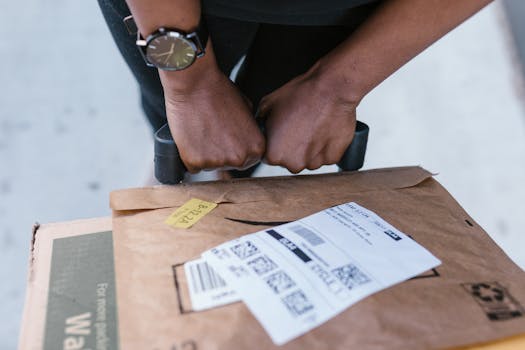 Close-up of delivery worker handling a package with care outdoors.